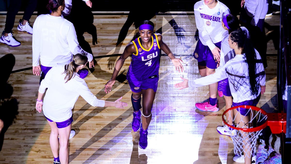 Flau'jae Johnson #4 of the LSU Tigers pregame against the UCLA Bruins in the Elite Eight round of the NCAA Women's Basketball Tournament. (Photo by Reagan Cotten/University Images via Getty Images}