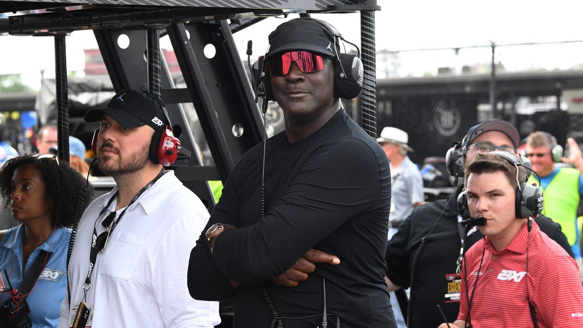 Michael Jordan of 23XI Racing looks on during the running of the NASCAR Cup Series Goodyear 400?