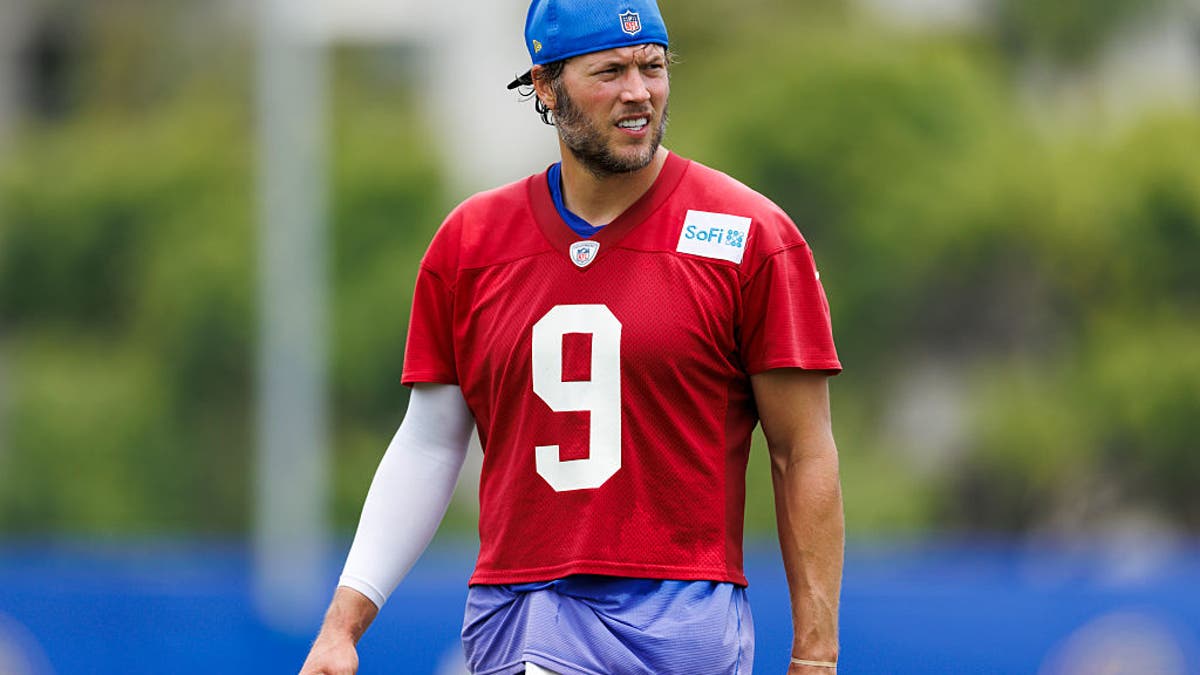 Matthew Stafford #9 of the Los Angeles Rams walks off the field during an OTA offseason workout on June 3, 2025 in Woodland Hills, California. (Photo by Ric Tapia/Getty Images)