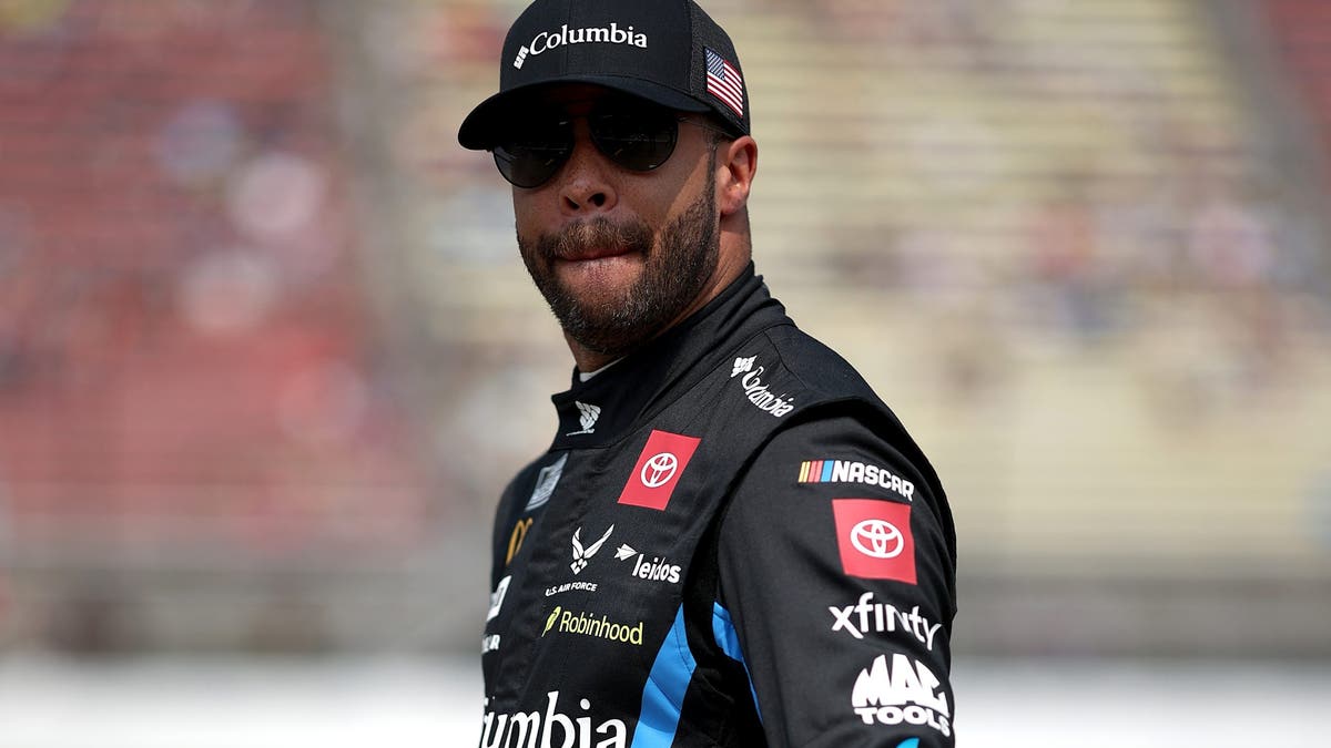 Bubba Wallace looks on during qualifying for the NASCAR Cup Series FireKeepers Casino 400?