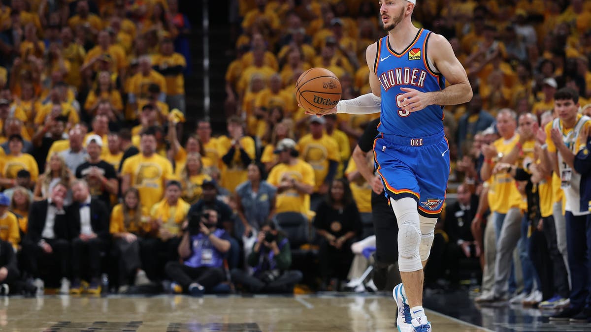 Alex Caruso handles the ball against the Indiana Pacers during the third quarter in Game 4 of the 2025 NBA Finals?