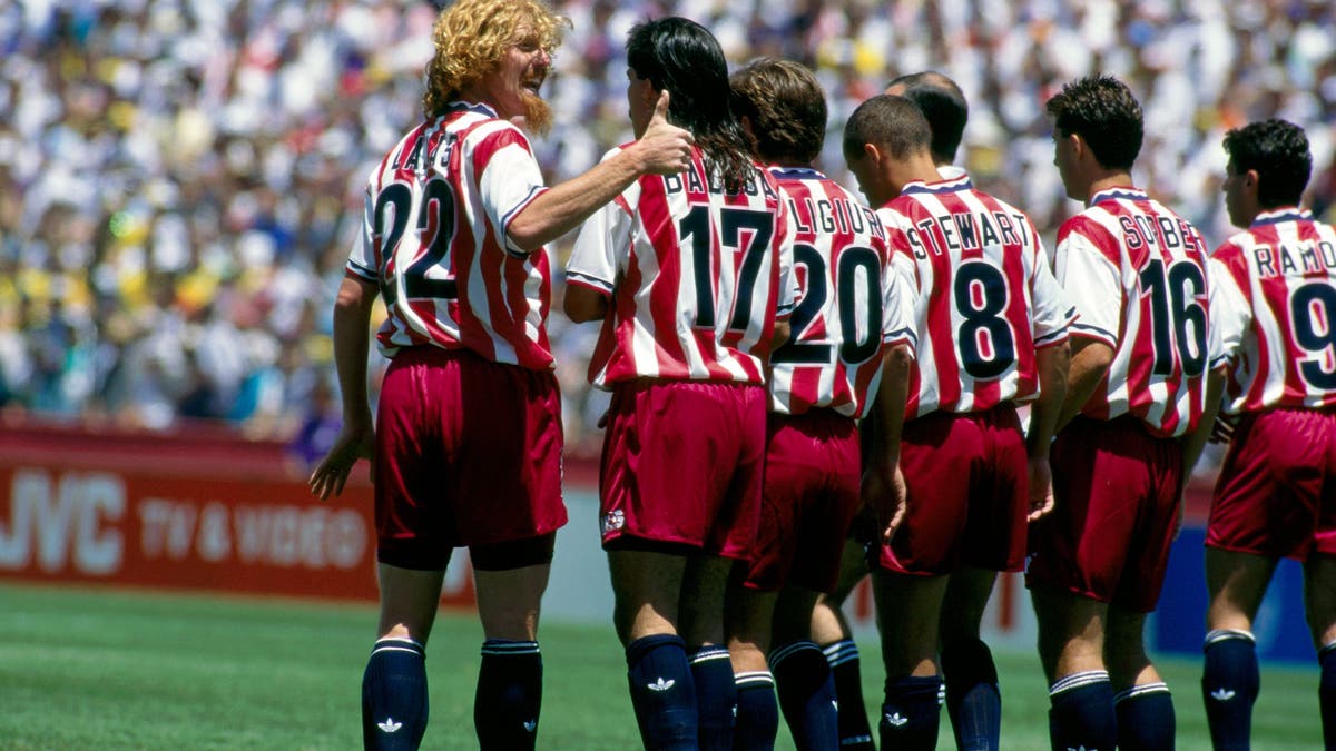 Alexi Lalas lines up the wall for the U.S. against Brazil at the 1994 World Cup. (Photo by Mark Leech/Getty Images)