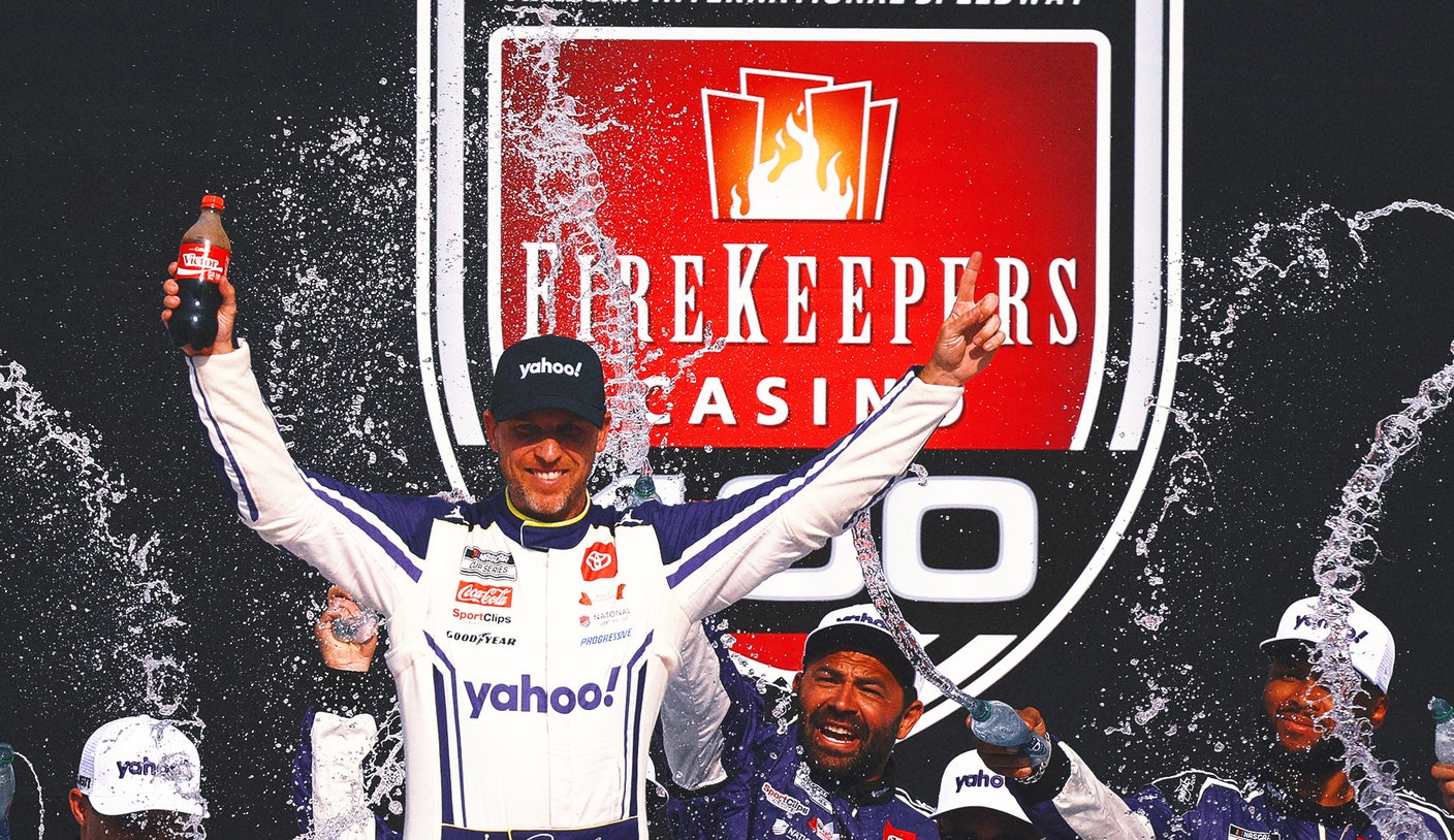 Denny Hamlin wins Michigan, taunts crowd while awaiting third child