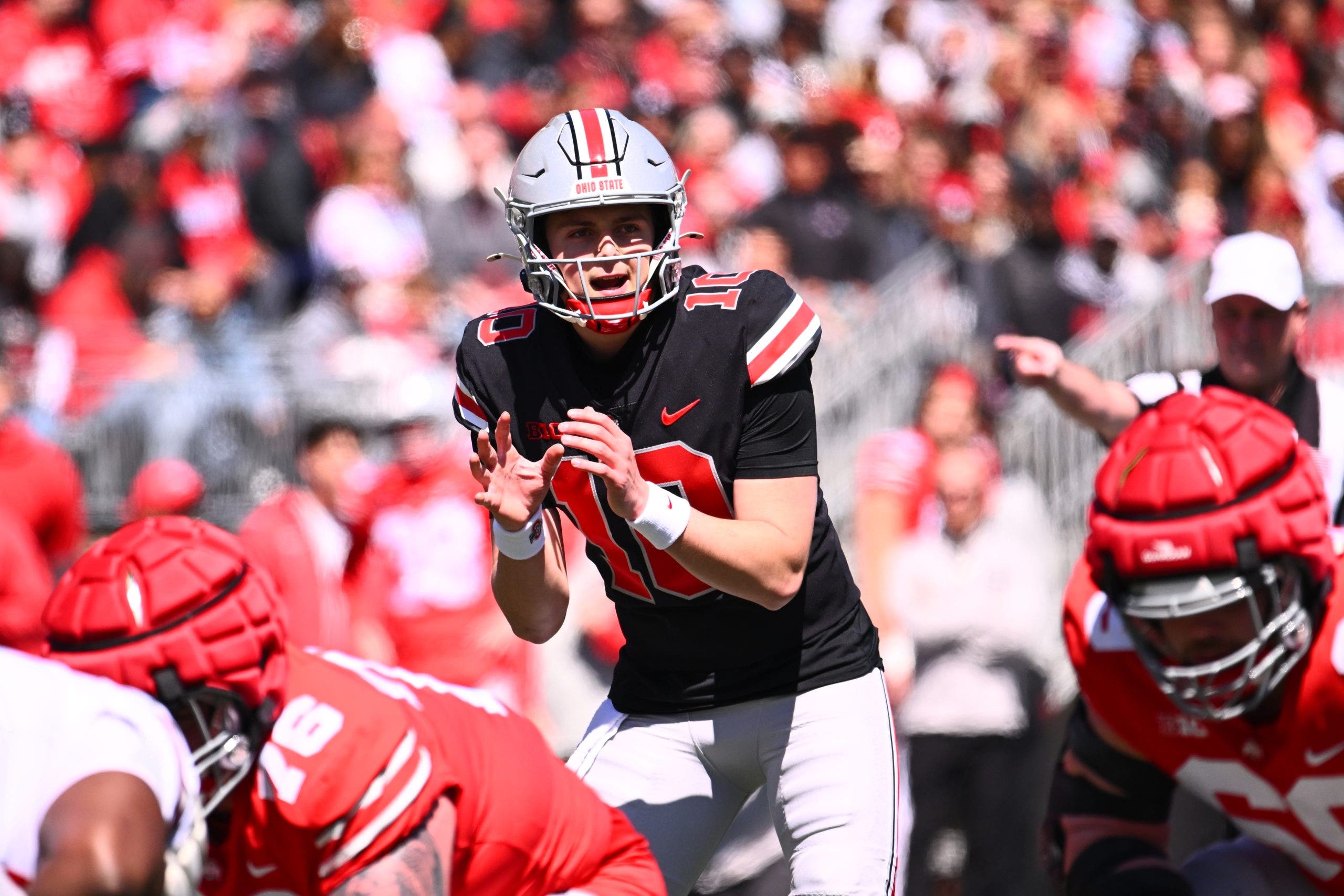 Julian Sayin #10 of the Ohio State Buckeyes plays during the first quarter of the Ohio State Spring Game. (Photo by Ben Jackson/Getty Images)