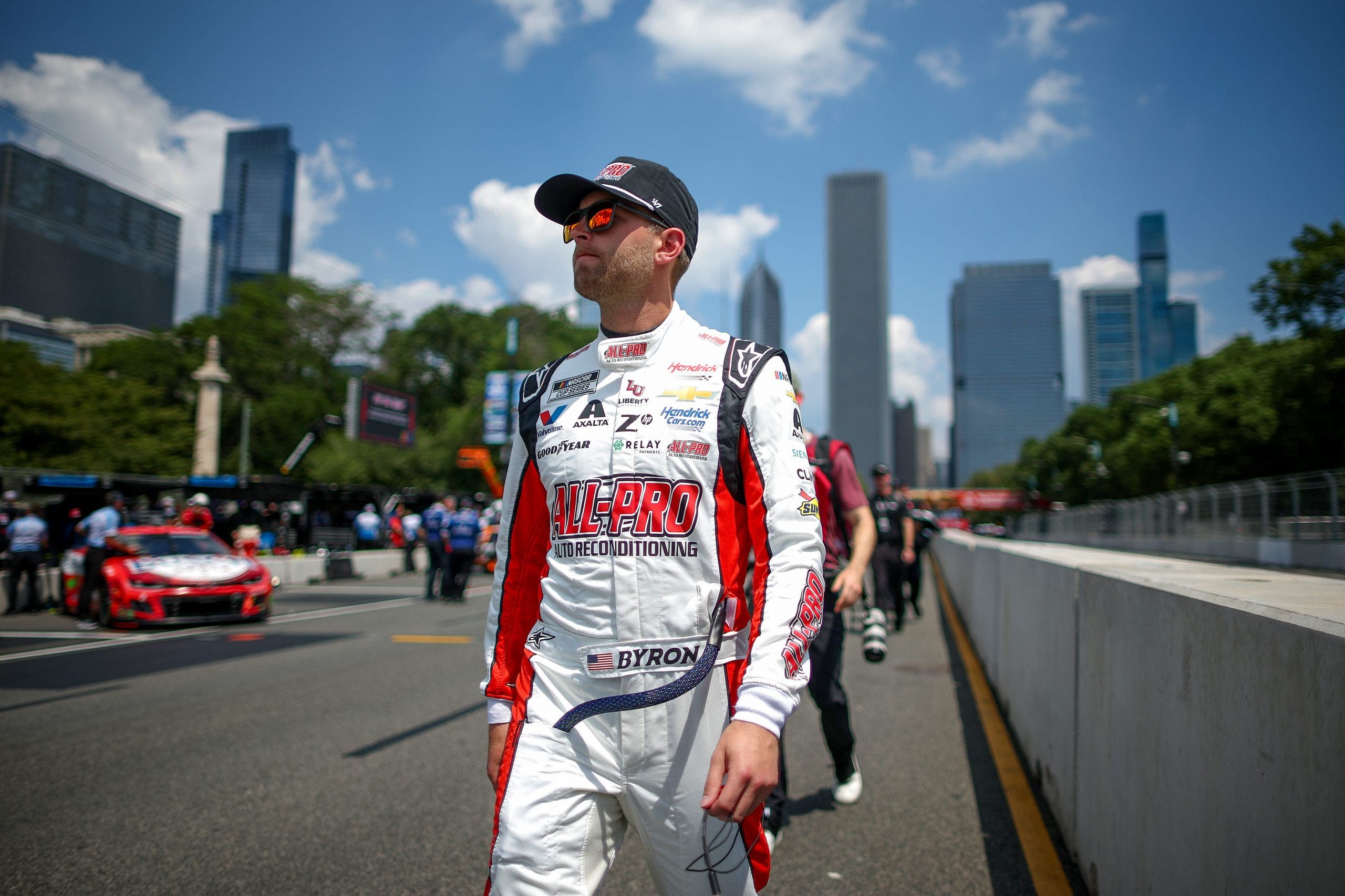 William Byron walks the grid during practice for the NASCAR Cup Series Grant Park 165 at Chicago Street Course