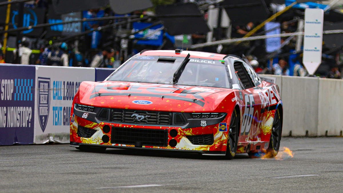 After experiencing an electrical fire under the dash during the final stage of Saturday's Xfinity race, Josh Bilicki (No. 66) came out firing on Sunday. Later in the race, his car suffered heavy nose damage, but he still finished 21st, his best on a road course. (Photo by Ed McGregor/FOX Sports)