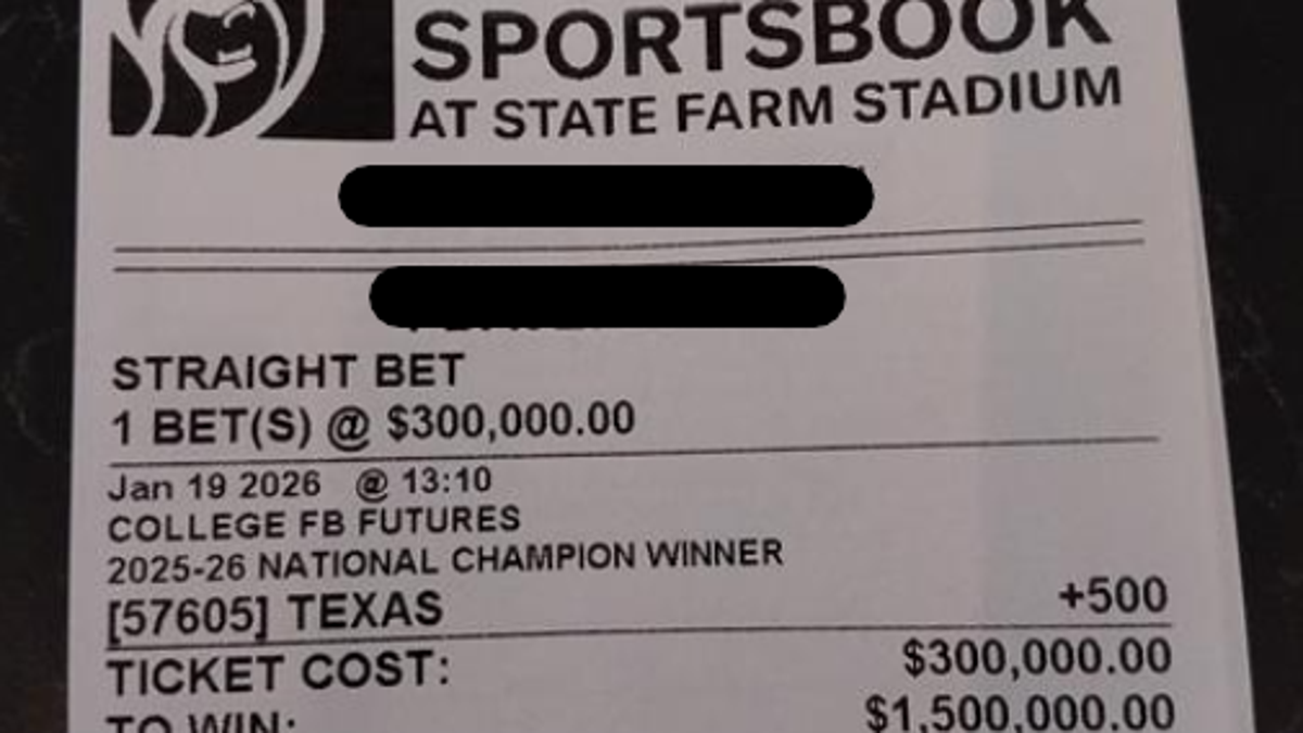 Official BetMGM ticket showing a bettor's $300k wager on the Texas Longhorns to be the 2025-26 national champions (via BetMGM)