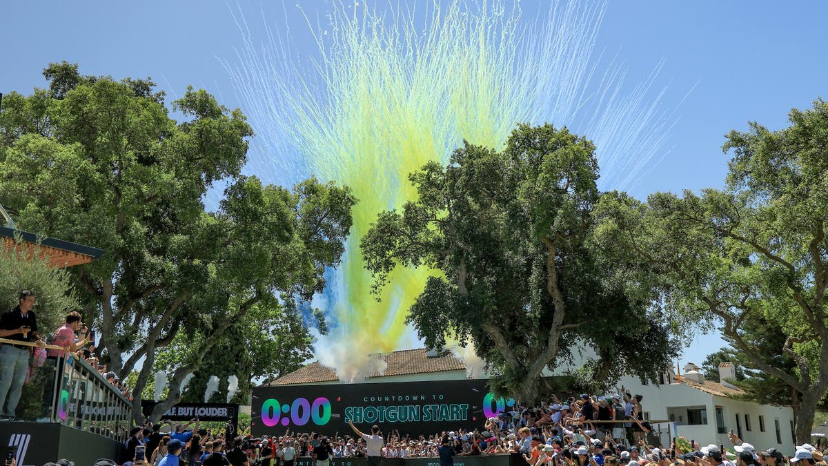 Fireworks mark the start of the final day of LIV Golf Andalucia in 2024.