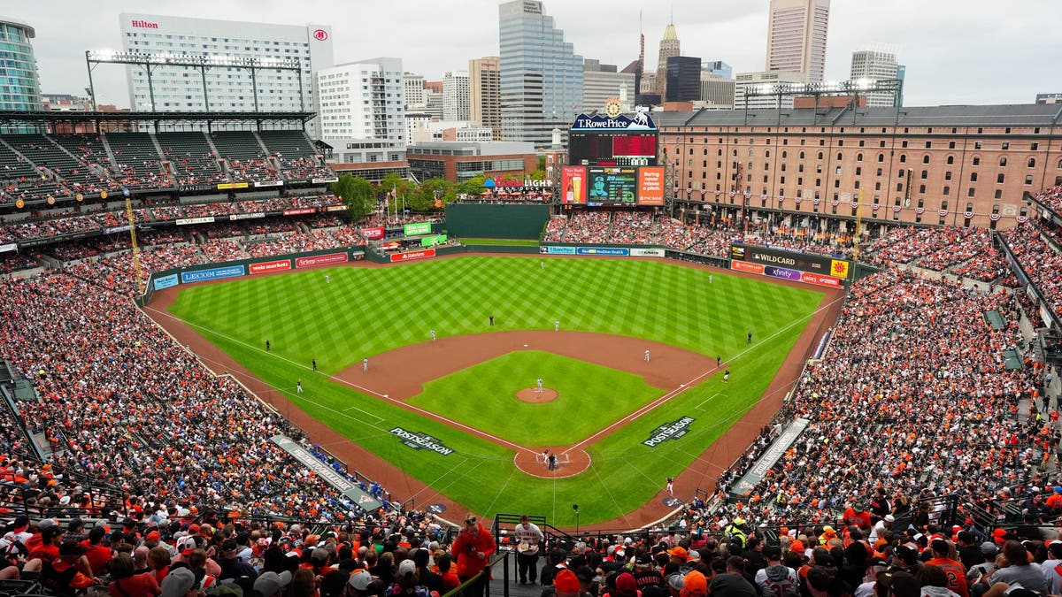 A general overhead view of Oriole Park at Camden Yards on October 2, 2024 in Baltimore, Maryland. (Photo by Mary DeCicco/MLB Photos via Getty Images)