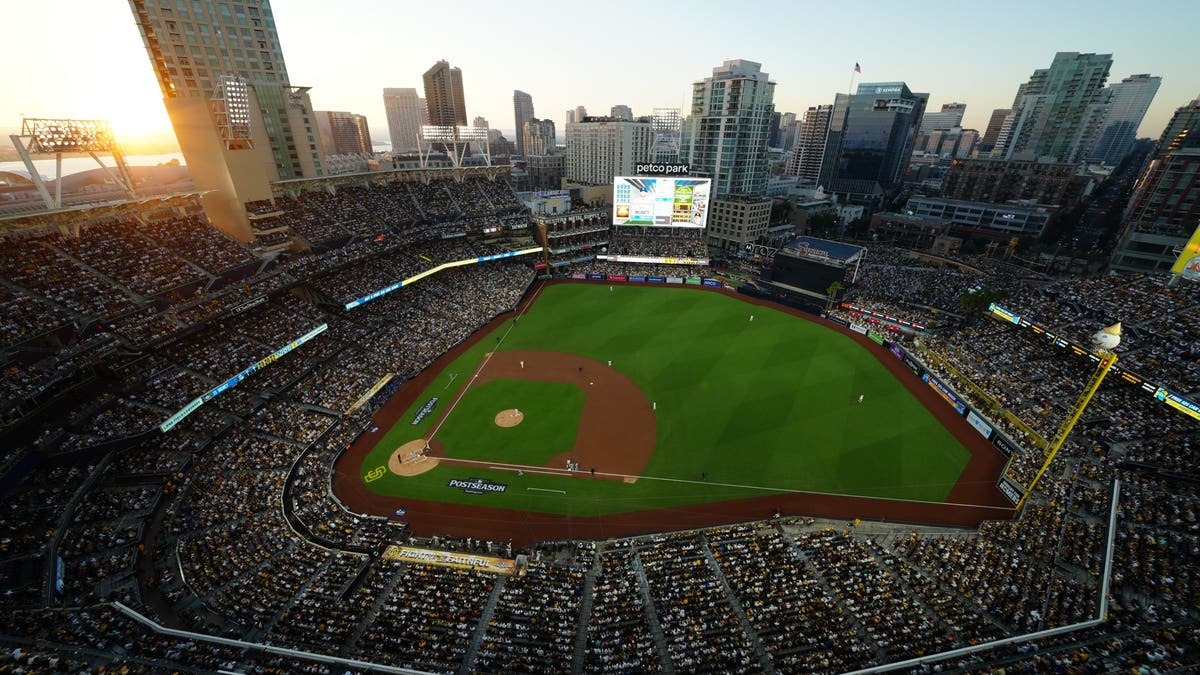 A general overhead view of Petco Park on October 8, 2024 in San Diego, California. (Photo by Daniel Shirey/MLB Photos via Getty Images)