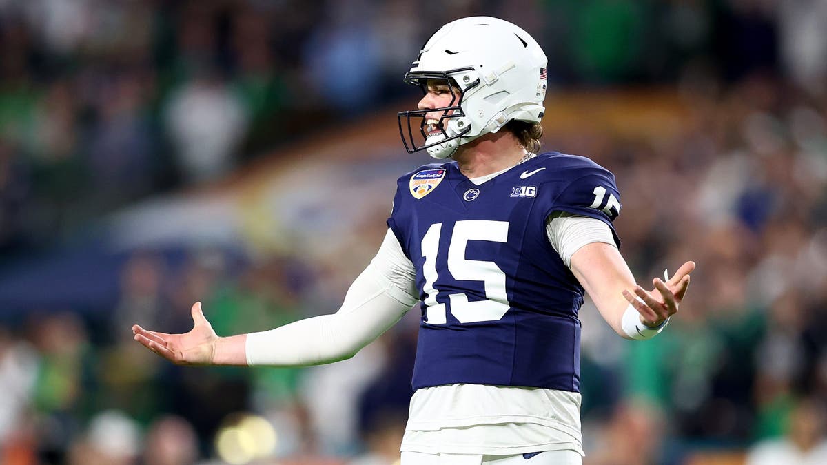 Penn State QB Drew Allar #15 reacts during the first quarter against Notre Dame in the Capital One Orange Bowl. (Photo by Megan Briggs/Getty Images)