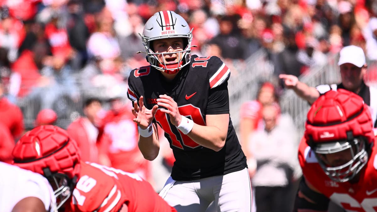 Julian Sayin #10 of the Ohio State Buckeyes plays during the first quarter of the Ohio State Spring Game. (Photo by Ben Jackson/Getty Images)