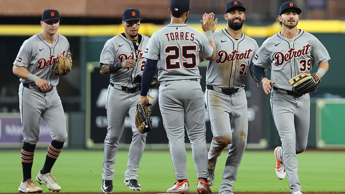Riley Greene #31 and Gleyber Torres #25 of the Detroit Tigers celebrate after defeating the Houston Astros at Daikin Park on Wednesday, April 30, 2025 in Houston. (Photo by Michaela Schumacher/MLB Photos via Getty Images)