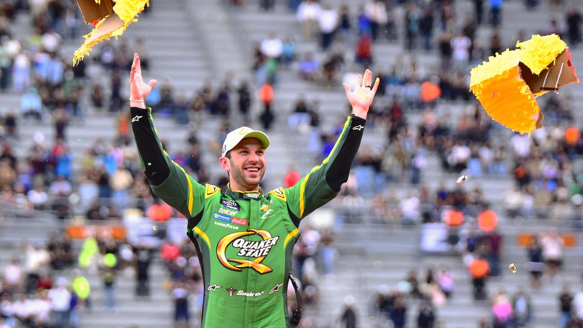 Daniel Suarez celebrates after winning the Xfinity Series race in Mexico this season.