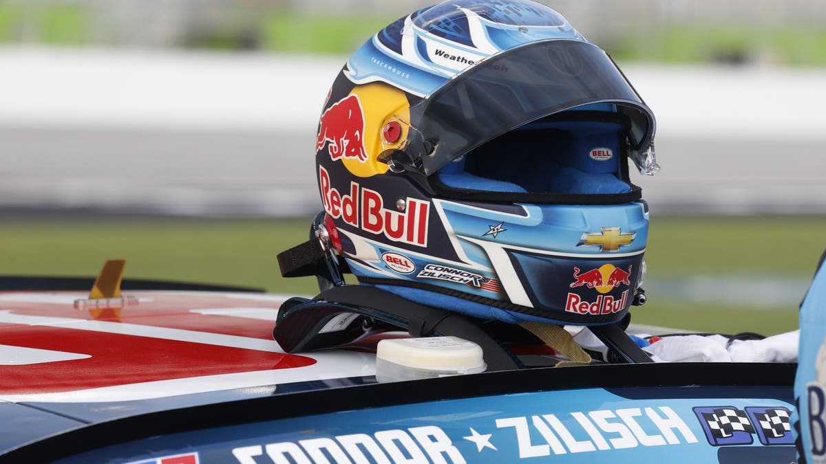 The helmet of Connor Zilisch sits on top of his race car prior to the running of the NASCAR Xfinity Series Focused Health 250