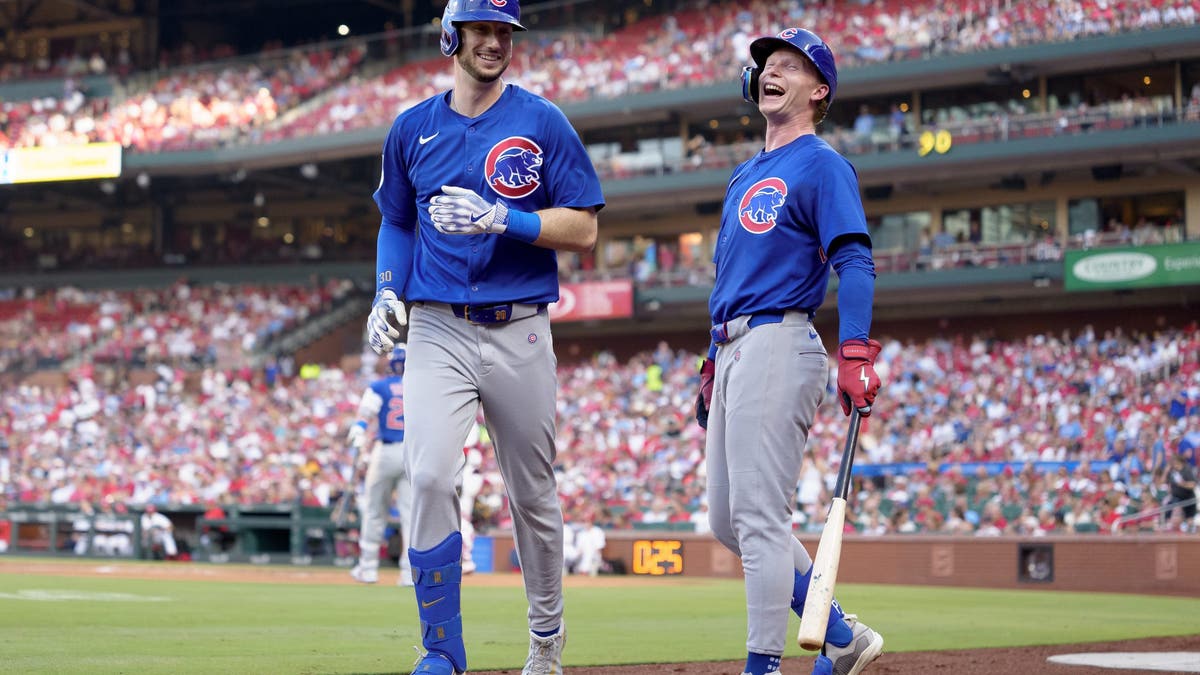Kyle Tucker #30 of the Chicago Cubs celebrates with Pete Crow-Armstrong #4 in the top of the third inning of a game against the St. Louis Cardinals at Busch Stadium on June 25, 2025 in St Louis. (Photo by Matt Dirksen/Chicago Cubs/Getty Images)