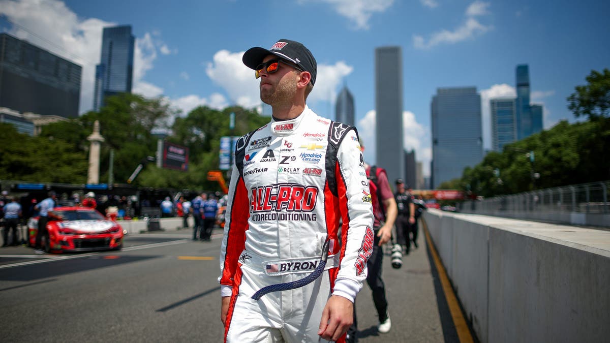 William Byron walks the grid during practice for the NASCAR Cup Series Grant Park 165 at Chicago Street Course