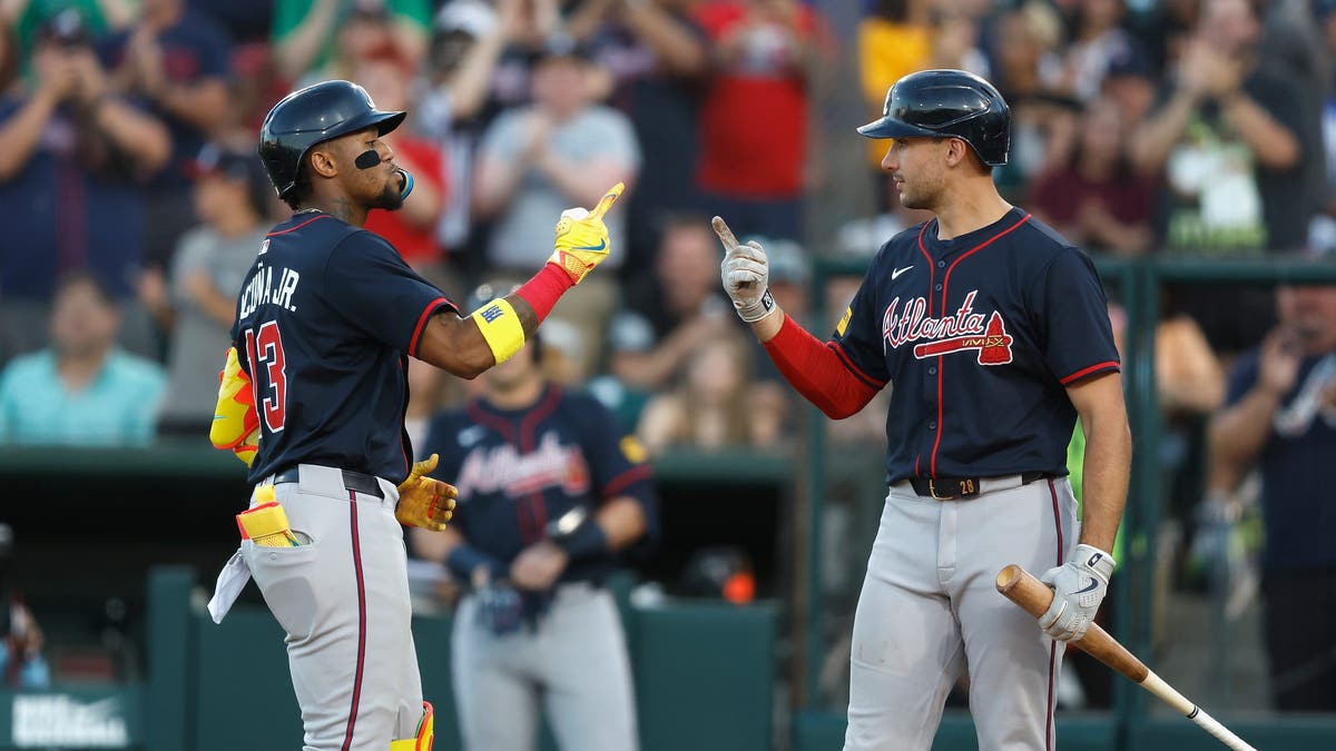 Ronald Acu?a Jr. #13 of the Atlanta Braves celebrates with Matt Olson #28 after hitting a solo home run against the Athletics at Sutter Health Park on July 09, 2025 in Sacramento. (Photo by Lachlan Cunningham/Getty Images)