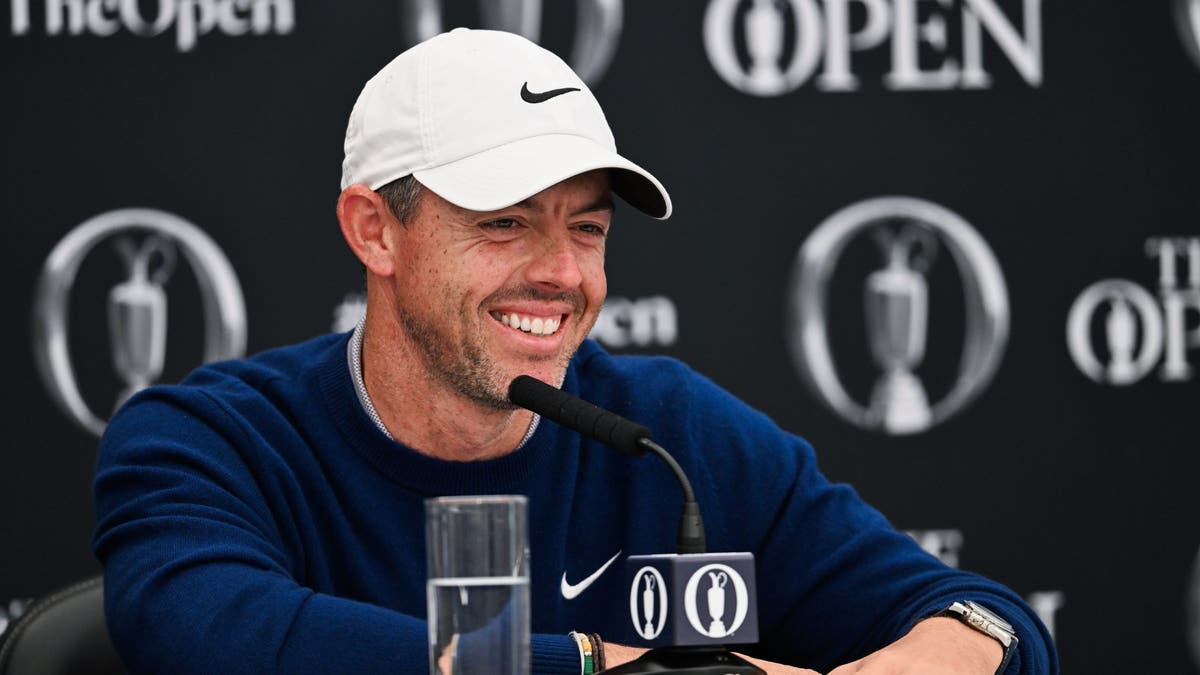 Rory McIlroy of Northern Ireland during a media conference at Royal Portrush Golf Club ahead of The 153rd Open Championship