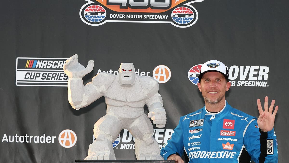 Denny Hamlin after winning the NASCAR Cup Series AutoTrader EchoPark Automotive 400 at Dover