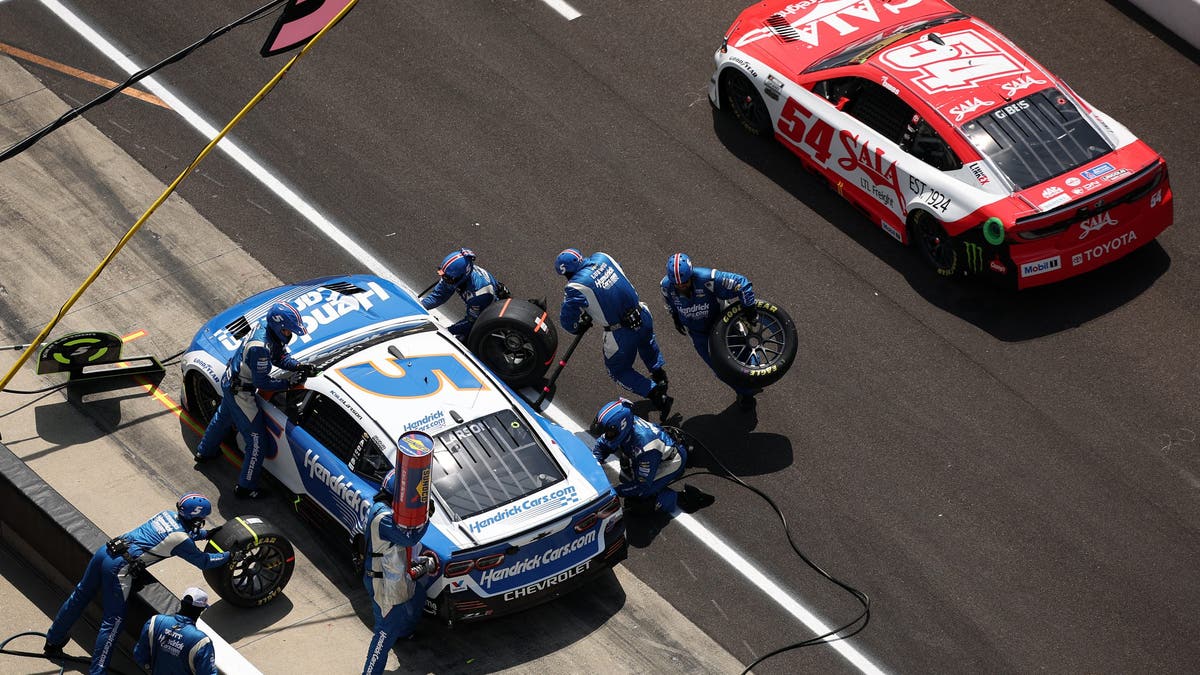 Kyle Larson pits during the NASCAR Cup Series Brickyard 400