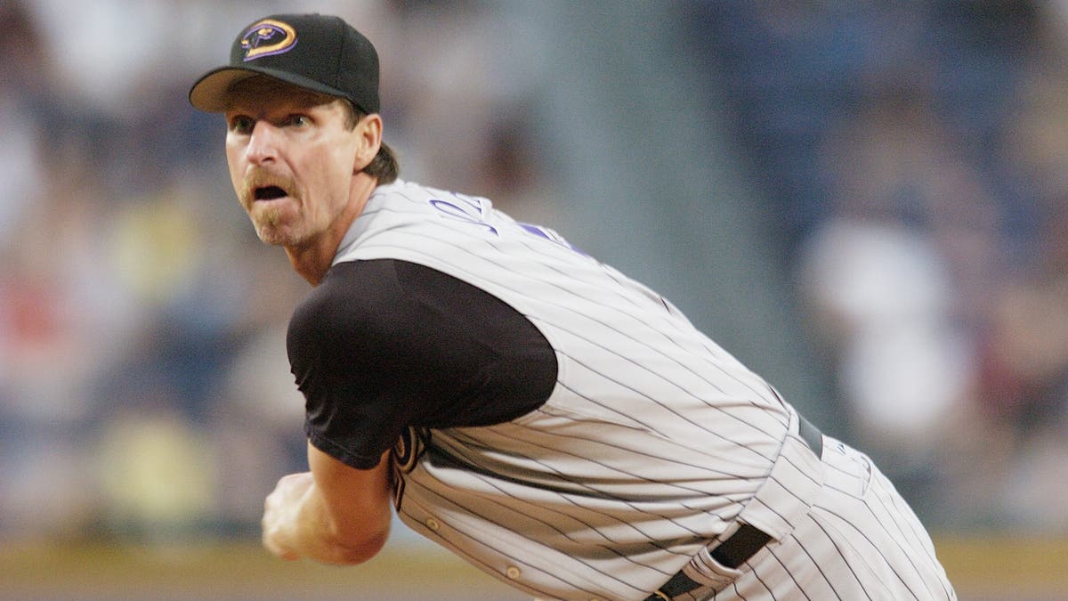 Randy Johnson recorded 13 strikeouts in his perfect game in 2004. (Photo by Pio Roda/Atlanta Braves/MLB via Getty Images)