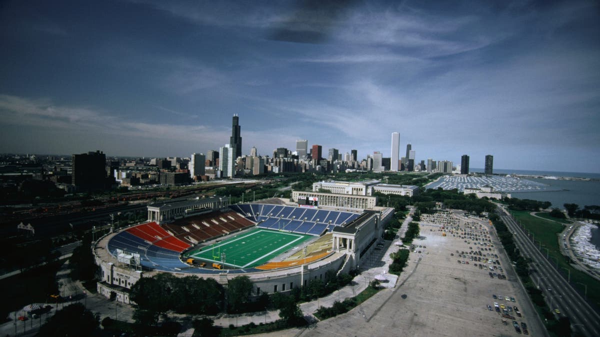 The Chicago Loop skyline can be seen in the background of Chicago's lakefront stadium, Soldier Field.