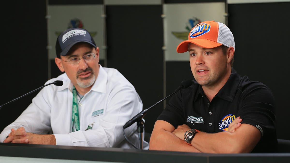 Steve Newmark, president of Roush Fenway Racing, and Ricky Stenhouse Jr. speak to the media during a press conference in 2016