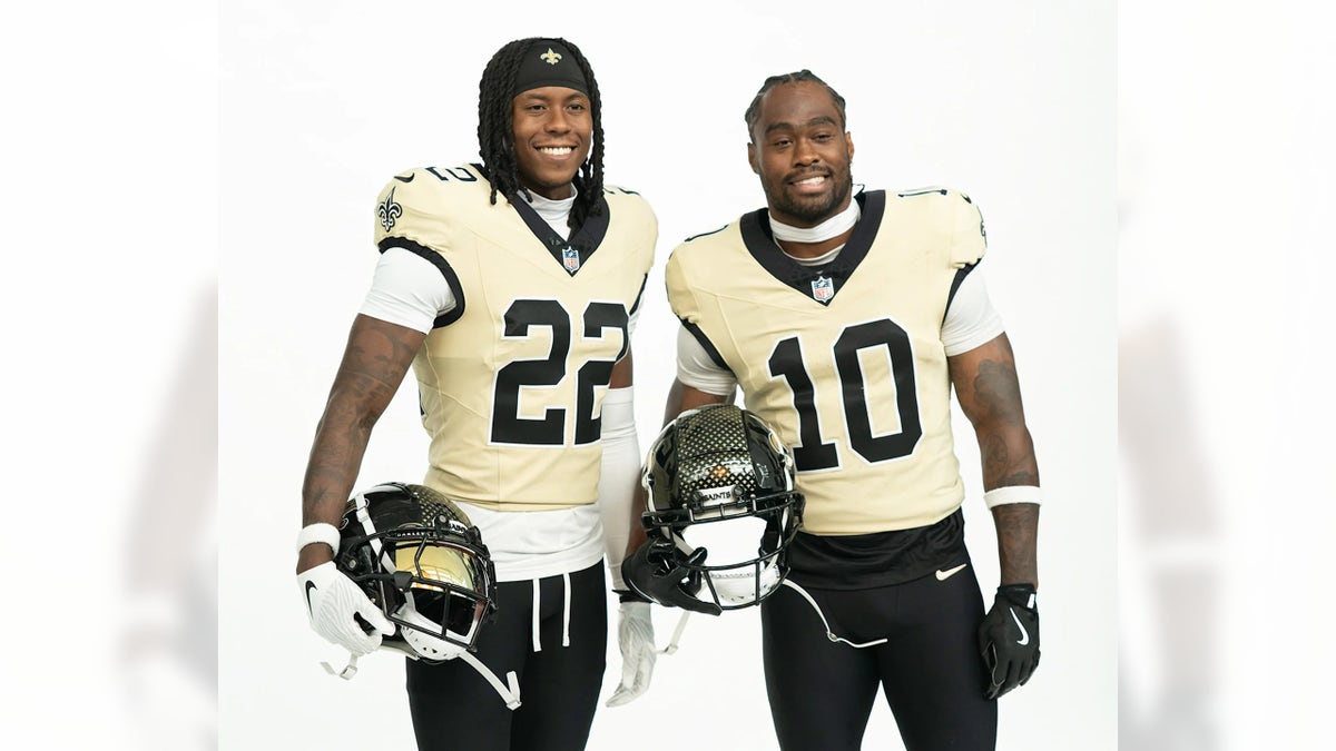 Saints wide receivers Rashid Shaheed and Brandin Cooks don Saints' new alternate jerseys. (Andrew Boyd/New Orleans Saints)