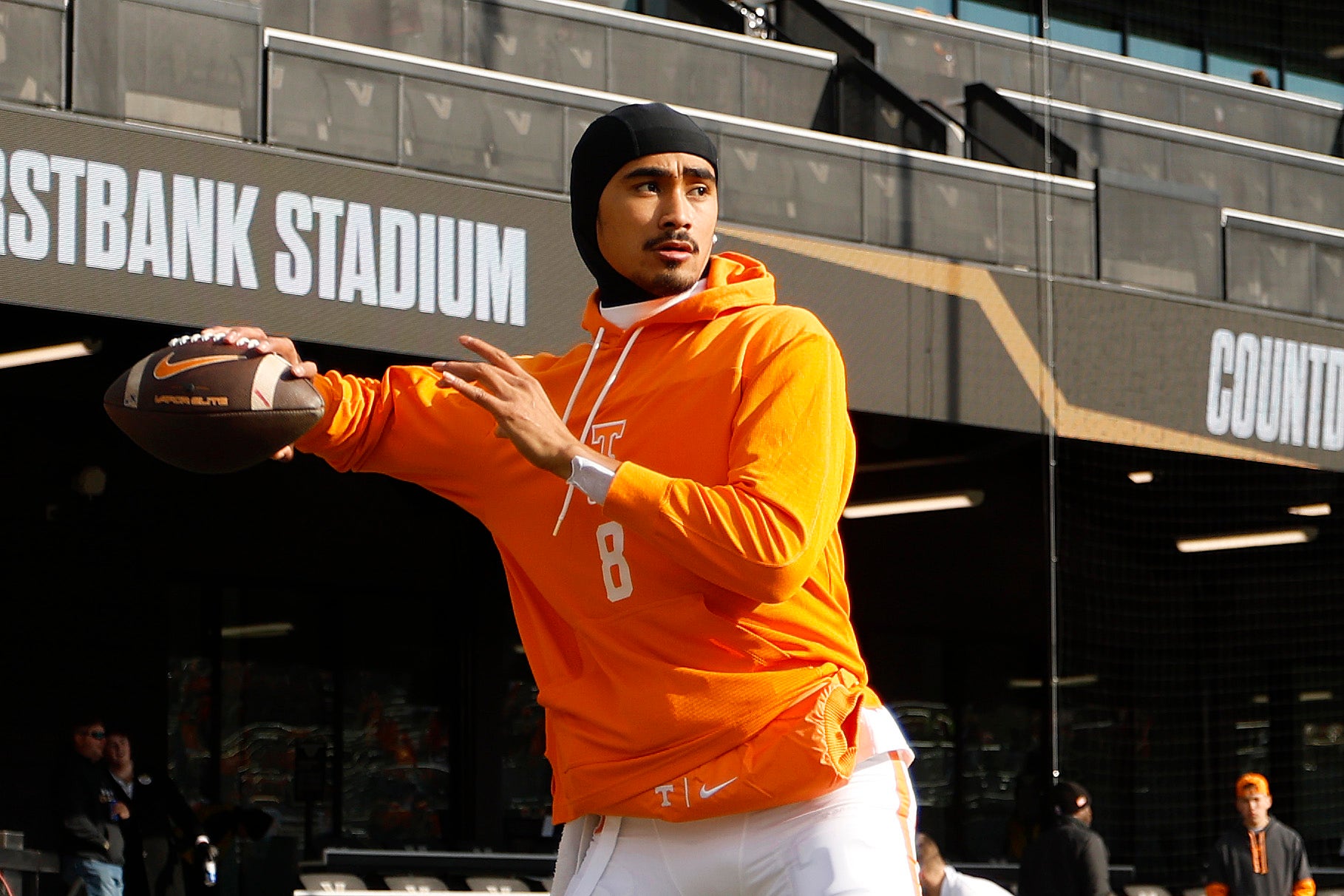 Nico Iamaleava warms up prior to the game between the Tennessee Volunteers and the Vanderbilt Commodores at FirstBank Stadium on November 30, 2024 in Nashville, Tennessee.  (Photo by Johnnie Izquierdo/Getty Images)