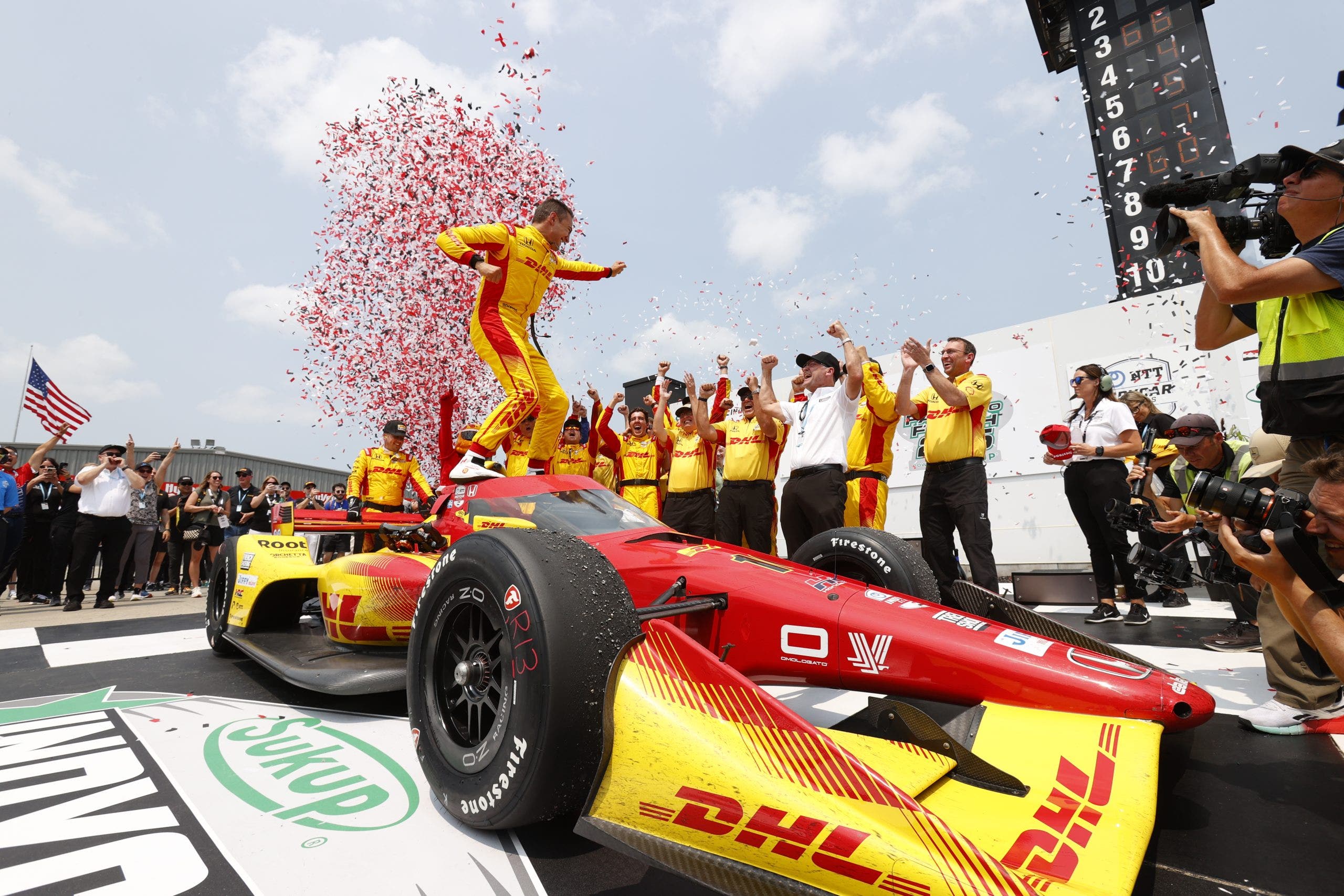 Alex Palou celebrates in victory lane after Race 2 at Iowa Speedway.