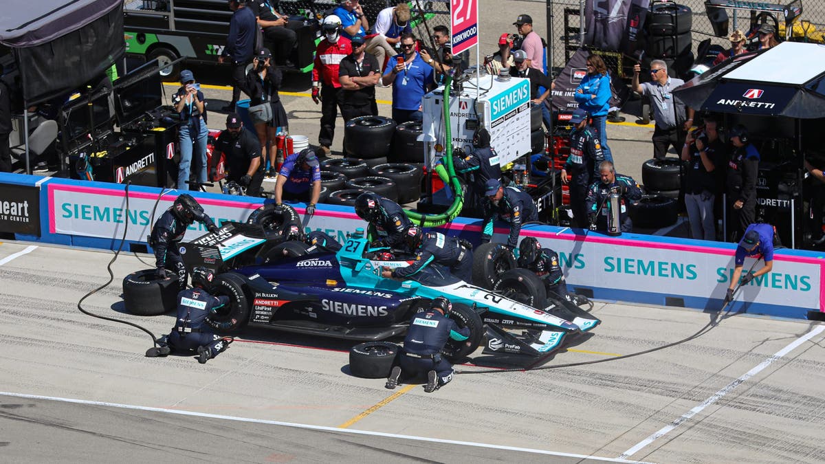 Here's what a Kirkwood pit stop looks like from the grandstand … (Photo by Ed McGregor/FOX Sports)