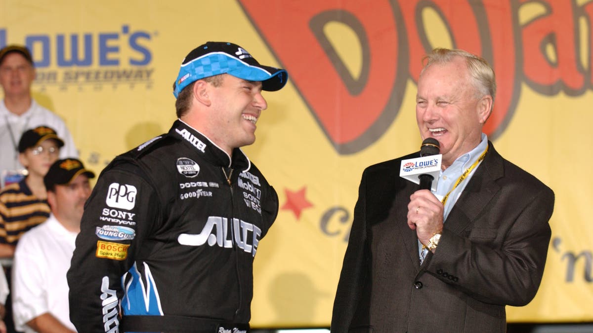 Humpy Wheeler and driver Ryan Newman during practice for the Nextel cup UAW-GM Quality 500 at Lowe's Motor Speedway in 2004. (Photo by Harold Hinson/Sporting News via Getty Images via Getty Images)