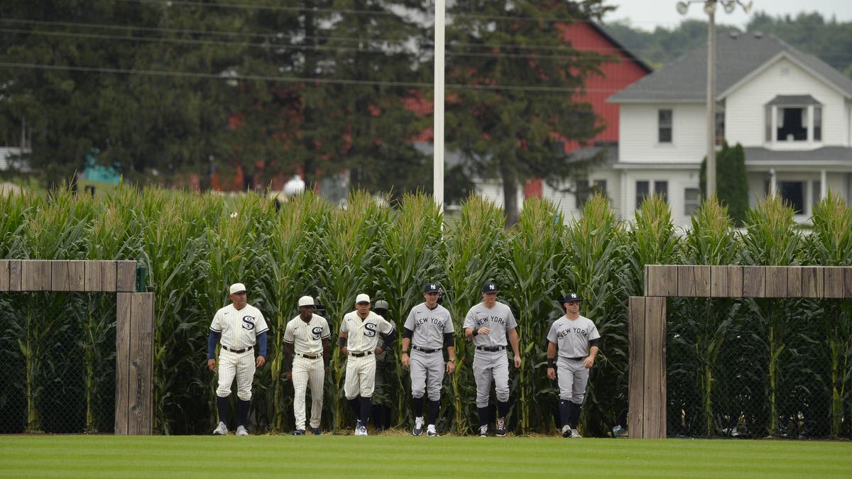 The White Sox and Yankees walking onto the field ahead of 2021's "Field of Dreams" game. (Photo by Ron Vesely/Getty Images)