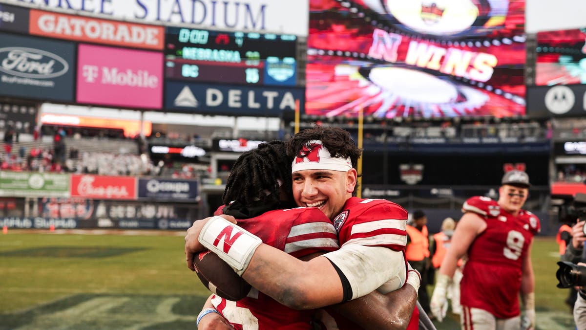 Dylan Raiola #15 of the Nebraska Cornhuskers celebrates after defeating Boston College in the Bad Boy Mowers Pinstripe Bowl. (Photo by Dustin Satloff/Getty Images)