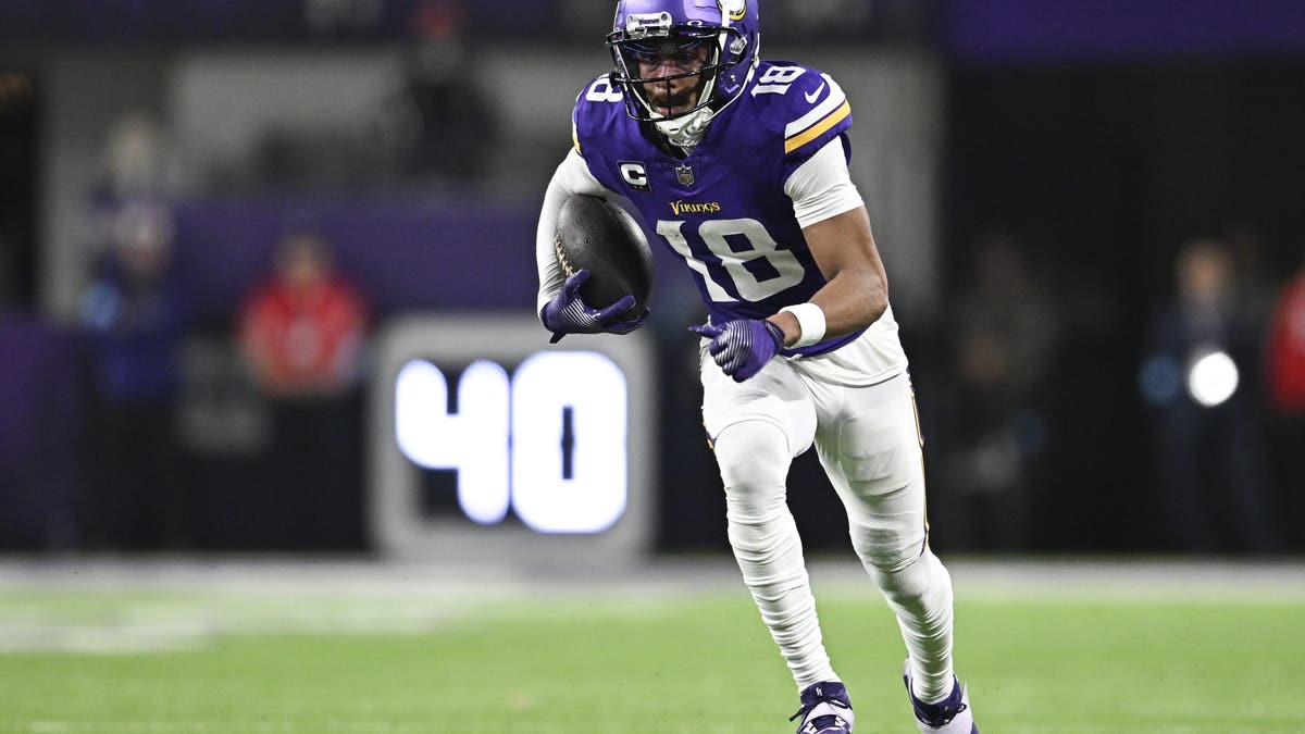 Justin Jefferson inked a pricey extension last offseason, but that shouldn't get in the way from a team paying a premium price to get him a hypothetical trade. (Photo by Stephen Maturen/Getty Images)