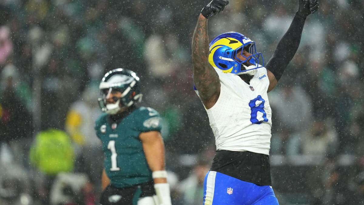 Jared Verse had two sacks and three tackles for loss in the Rams' 28-22 playoff loss to the Eagles last season. (Photo by Mitchell Leff/Getty Images)