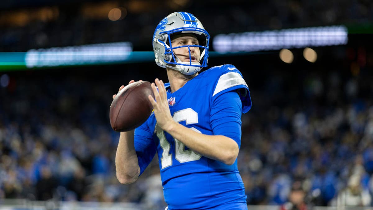 Jared Goff #16 during a game at Ford Field in Detroit on January 18, 2025. (Photo by Michael Owens/Getty Images)