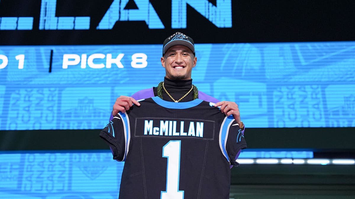 Tetairoa McMillan poses after being selected eighth overall by the Carolina Panthers during the first round of the 2025 NFL Draft on April 24, 2025. (Photo by Perry Knotts/Getty Images)