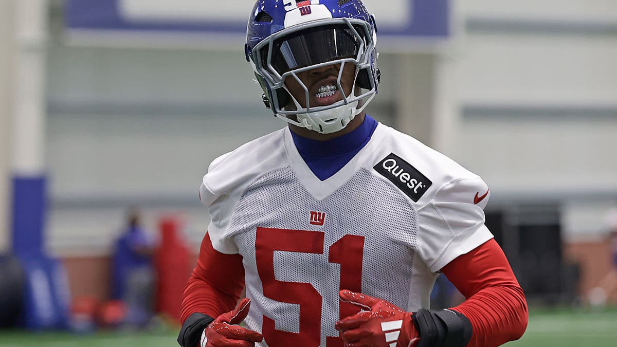 Abdul Carter #51 of the New York Giants during rookie minicamp on May 09, 2025. (Photo by Adam Hunger/Getty Images)