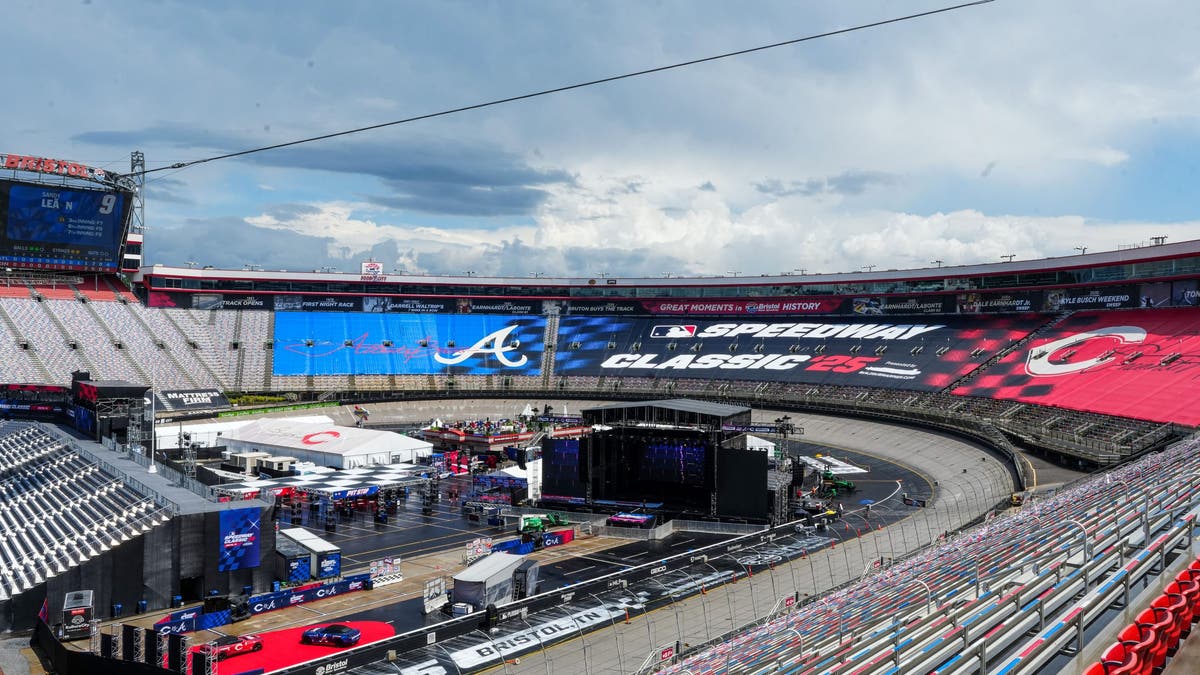 Bristol Motor Speedway had to be completely remade in order to fit a baseball field, as well as the appropriate MLB brandin. (Photo by Mary DeCicco/MLB Photos via Getty Images)