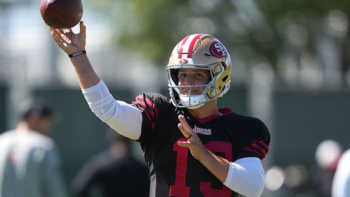 Brock Purdy #13 during practice at SAP Performance Facility in Santa Clara, California on August 4, 2025. (Photo by Thearon W. Henderson/Getty Images)