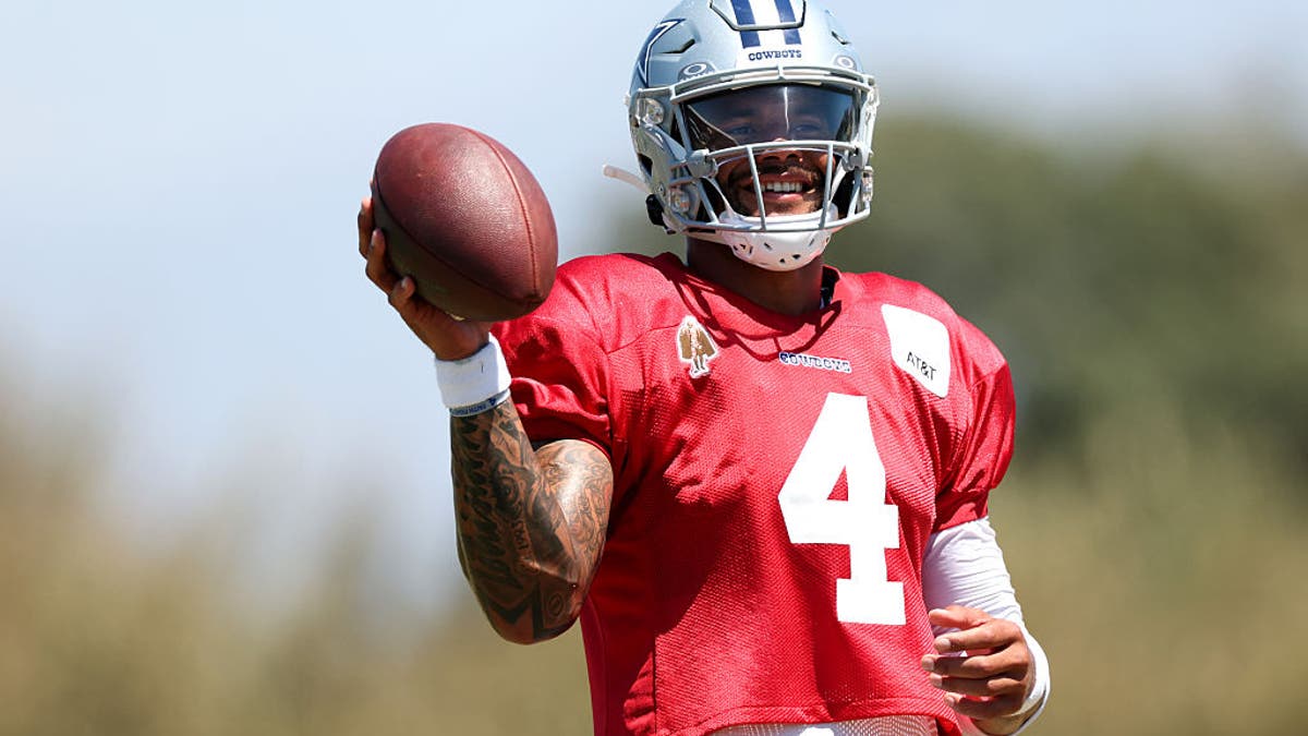 Dak Prescott #4 during Day 12 of training camp at Staybridge Suites Oxnard in Oxnard, California on August 7, 2025. (Photo by Luke Hales/Getty Images)