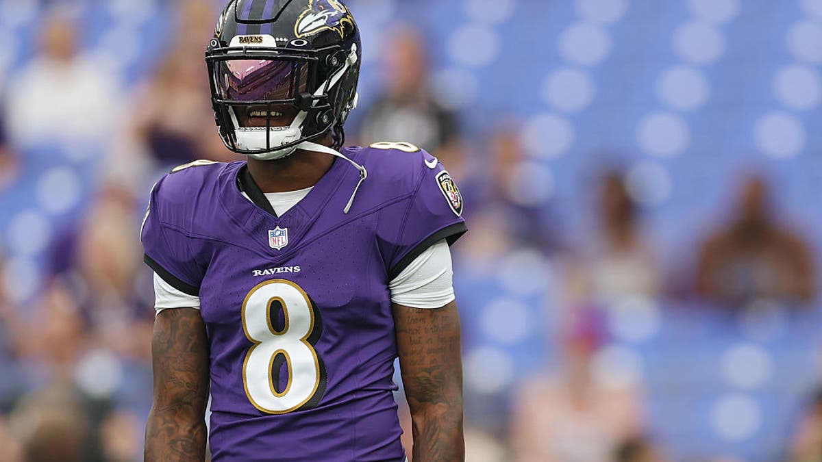 Lamar Jackson #8 during the 2025 NFL preseason at M&amp;T Bank Stadium in Baltimore on August 7, 2025. (Photo by Patrick Smith/Getty Images)