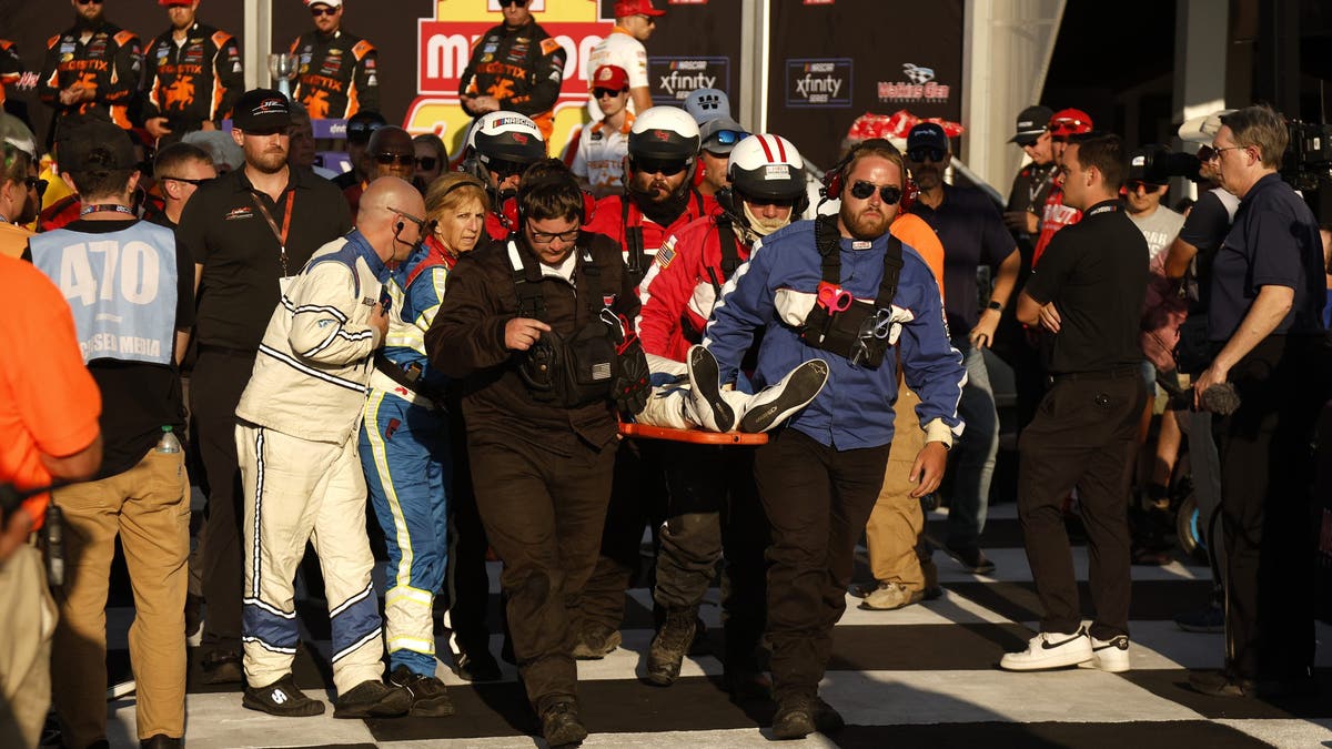  Connor Zilisch as he was taken out on a stretcher following a fall in victory lane at Watkins Glen