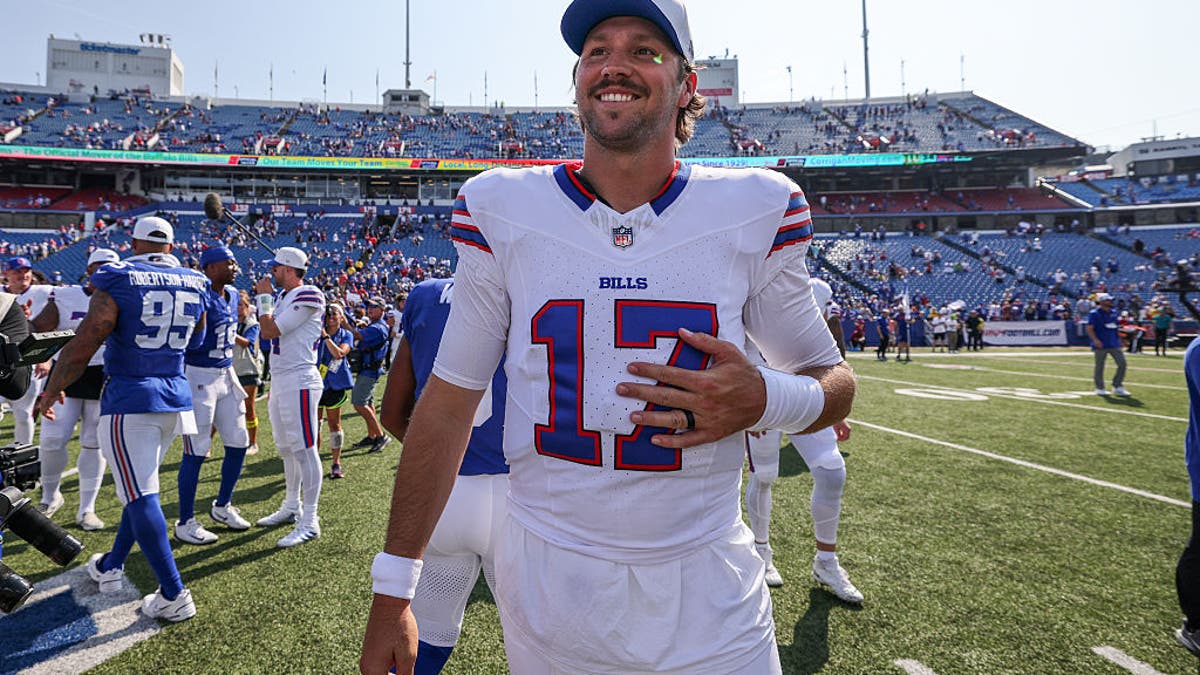 Josh Allen #17 after a preseason game at Highmark Stadium in Orchard Park, New York on August 9, 2025. (Photo by Bryan Bennett/Getty Images)