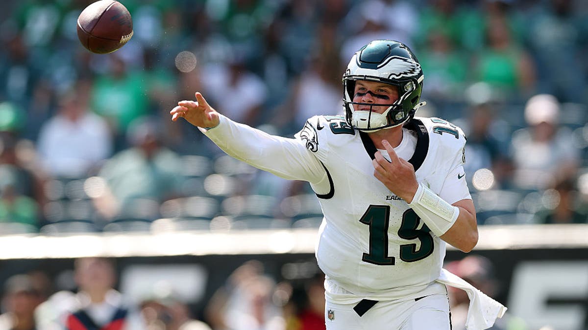 In his battle to be Jalen Hurts' backup, Kyle McCord threw a touchdown pass in Philadelphia's 22-13 loss to Cleveland in Week 2 of the preseason. (Photo by Elsa/Getty Images)