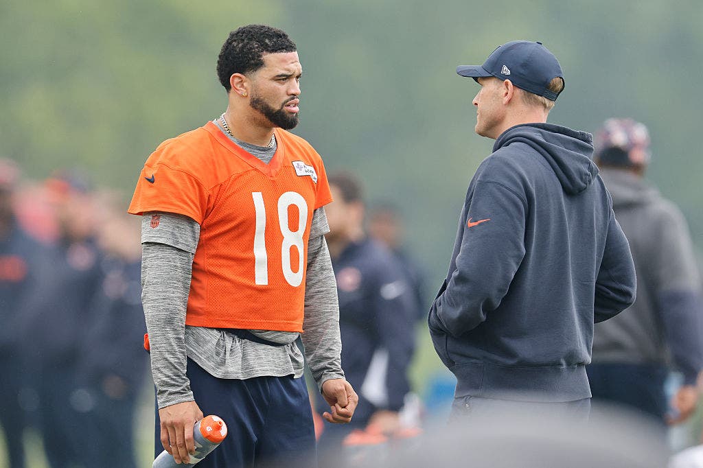 After running for his life for much of his rookie season, Caleb Williams hopes that Ben Johnson and an improved supporting cast will help him become the quarterback the Bears expected when they drafted him No. 1 overall last year. (Photo by Michael Reaves/Getty Images)