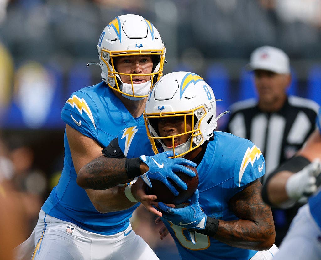 The Chargers drafted running back Omarion Hampton to help take some pressure off QB Justin Herbert to carry the offense. (Photo by Harry How/Getty Images)