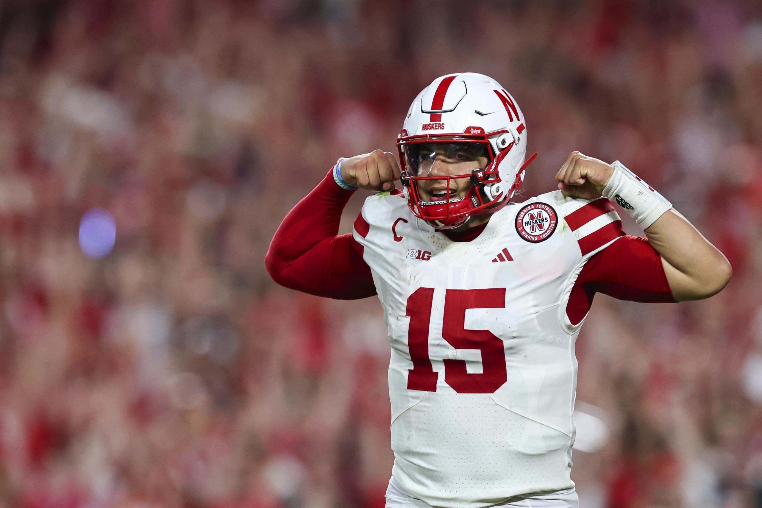 Dylan Raiola #15 of the Nebraska Cornhuskers celebrates during the second half against the Cincinnati Bearcats. (Photo by Aaron M. Sprecher/Getty Images)